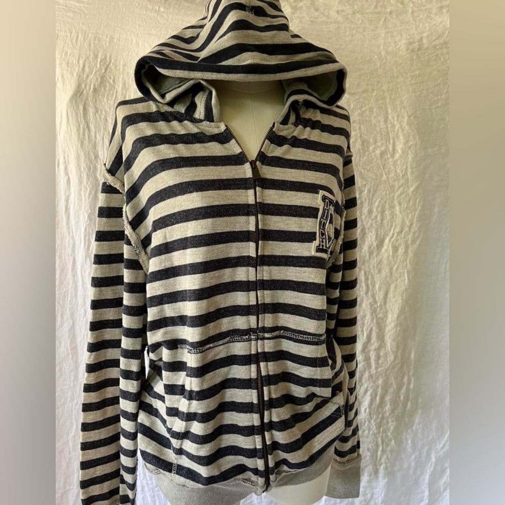 Striped Hooded Zip-Up Ditch Plains Sweatshirt in Navy & Cream